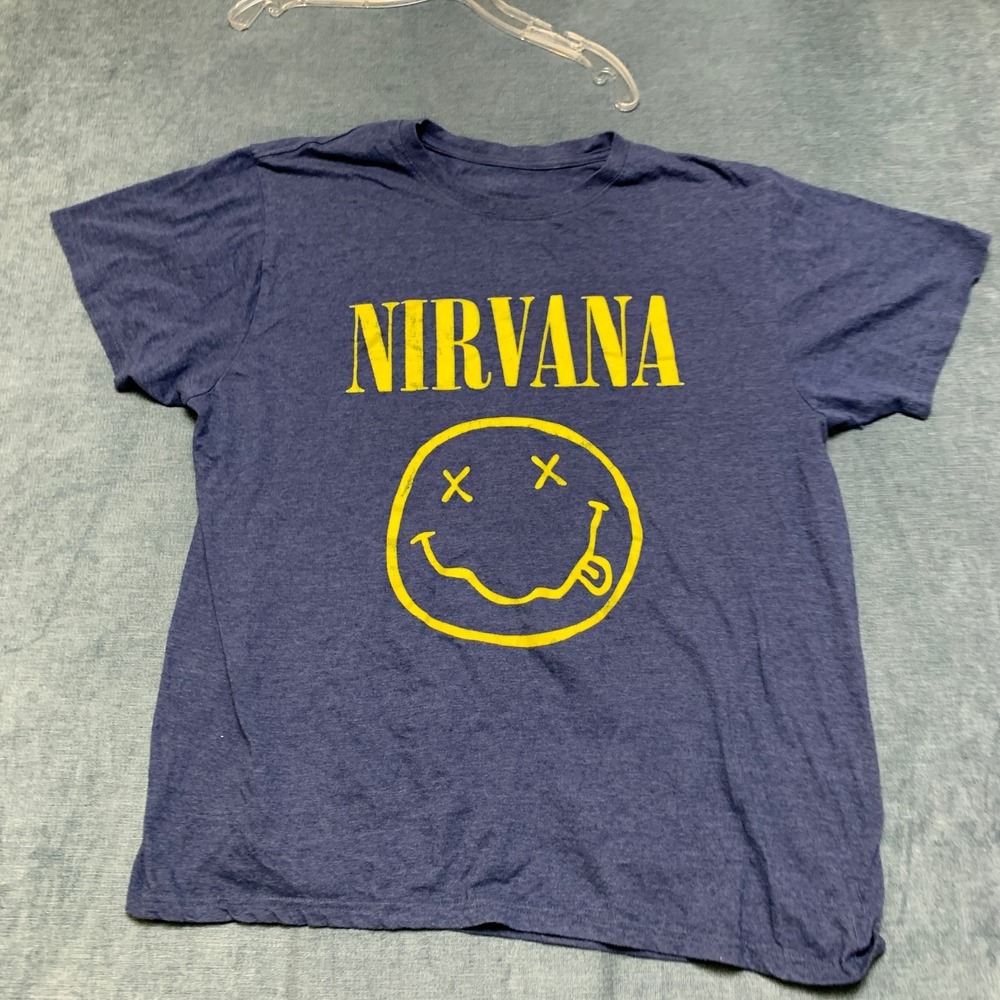 Nirvana T Shirt Mens Blue Smiley Face Logo Short Sleeve Crew Neck Pullover Tee